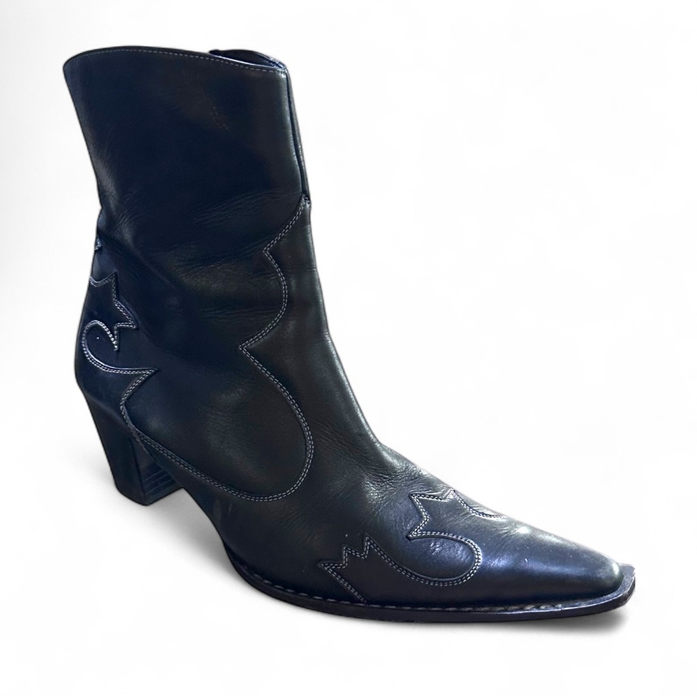 VINTAGE PAUL GREEN Western Cowgirl Cowboy Black Leather Pointed Toe Ankle Boots - Picture 2 of 16